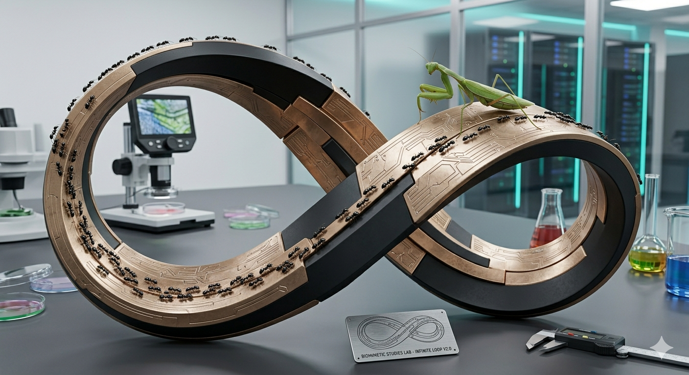 Bucle infinito con mantis religiosa — imagen generativa