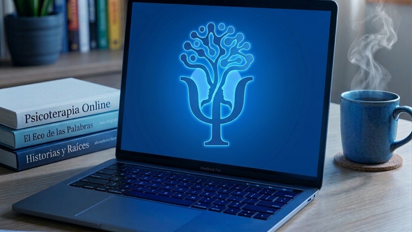 Laptop con símbolo psi sobre escritorio con libros — psicoanálisis online