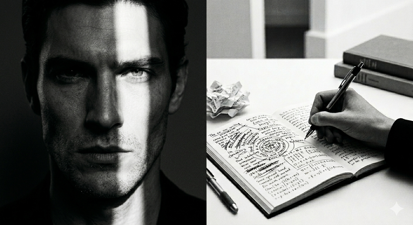 Psicosis y escritura — retrato y cuaderno con anotaciones