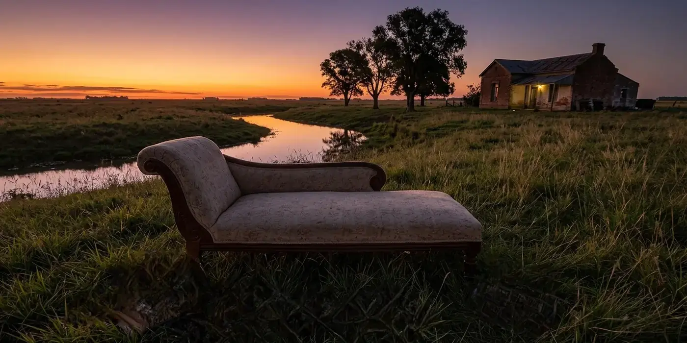 Diván en la pampa al atardecer