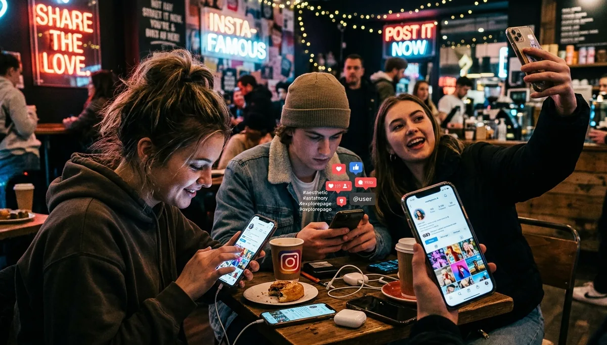 Jóvenes mirando sus teléfonos en un café con carteles de redes sociales