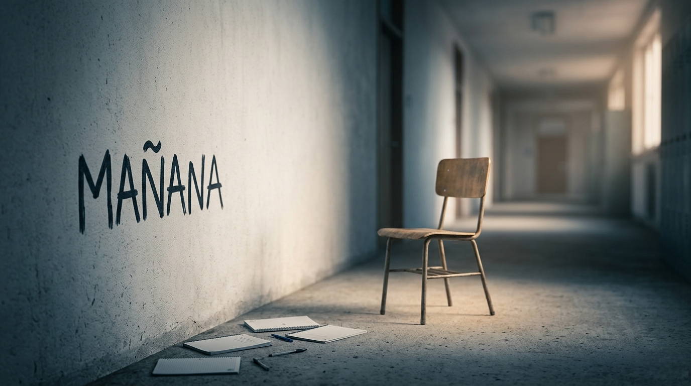 Pasillo escolar vacío con la palabra Mañana escrita en la pared — adolescencia y acting out