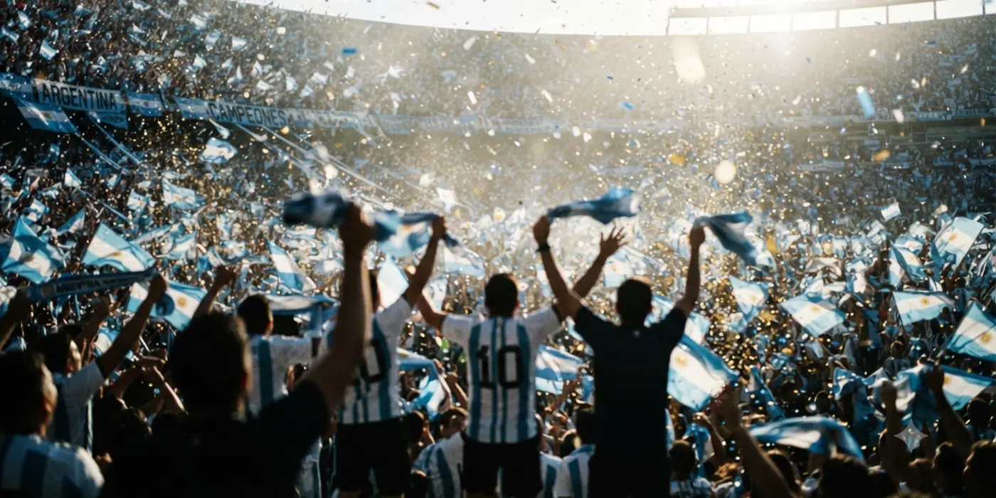 Hinchas festejando con banderas y papel picado en la tribuna de un estadio