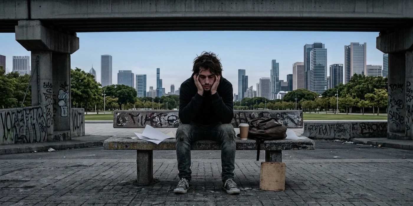Hombre sentado en un banco bajo un puente urbano, cabeza entre las manos, con el horizonte de la ciudad de fondo